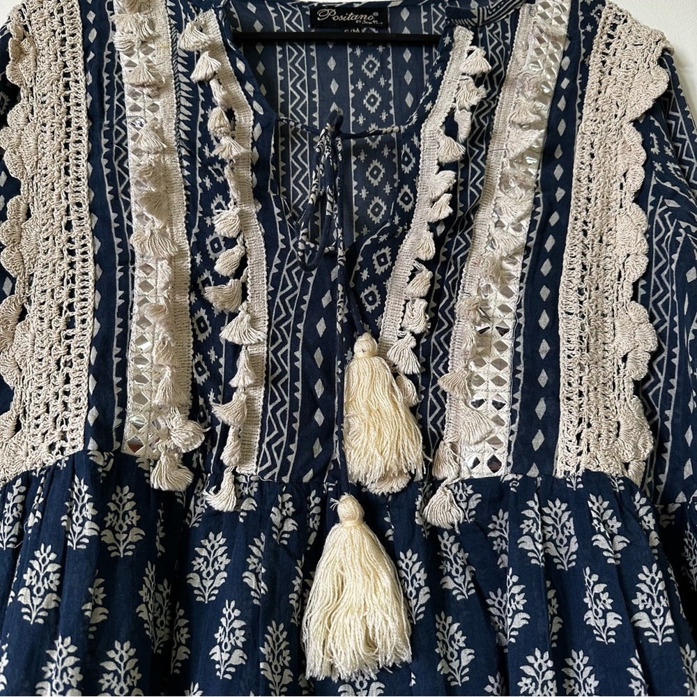 Blue Boho Chic Block Mix Match Print Tiered Mini Dress, Ties and Tassels/AU12 - Picture 7 of 7